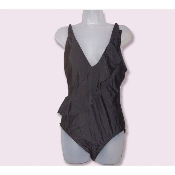 Kona Sol  Swimsuit NWT Women's One Piece Deep Asymmetrical Ruffle Black Medium - Picture 2 of 3